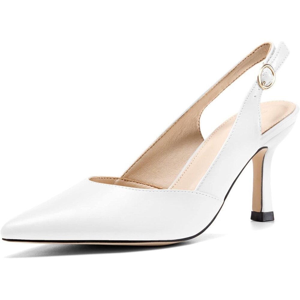 Women's White PU Kitten Heels Closed Pointed Toe Wedding Party Dress Pumps